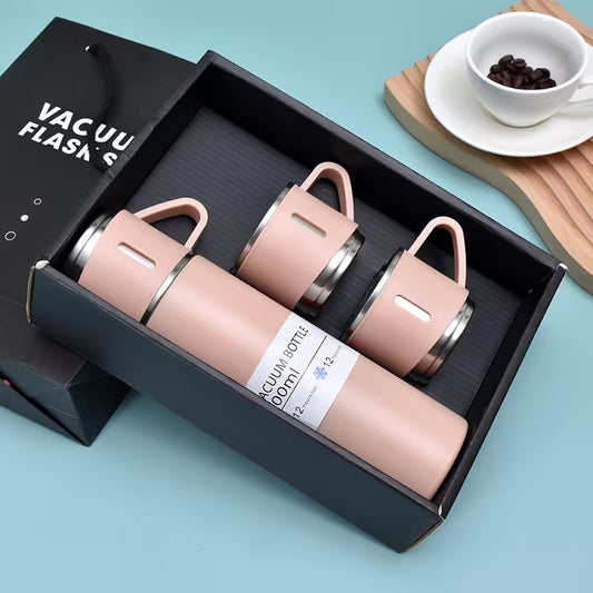 4pcs Stainless Steel Water Bottle & Cups Gift Set - Large 500Ml/16.9Oz with 3 Small Cups +1 Water Bottle, Triple Lids for Hot/Cold Drinks, Portable for Business, School, Office, Camping, Travel - 304 Steel, Hand