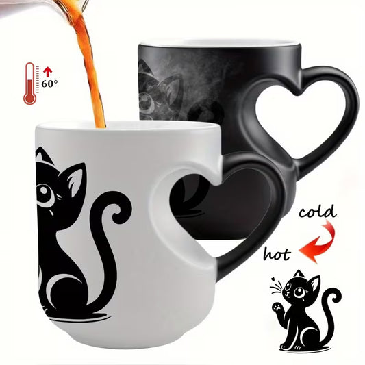 Thermosensitive Color-Changing Ceramic Mug with Black Cat Silhouette & Heart Handle - 11oz/330ml Coffee Cup, Thermochromic Tea/Cocoa Cup for &, Hand Wash Only (Ceramic) for /Office Use - Christmas/Mother' Day