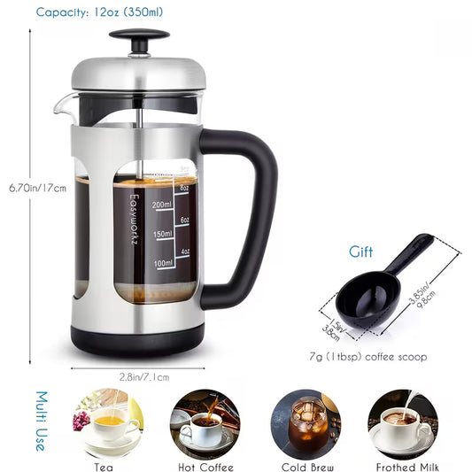 Easyworkz French Press Coffee Maker, Featuring 4-Stage Filtration, Durable Borosilicate Glass, Comfortable Grip Handle, Ample Capacity, Ideal for Holiday Gifting